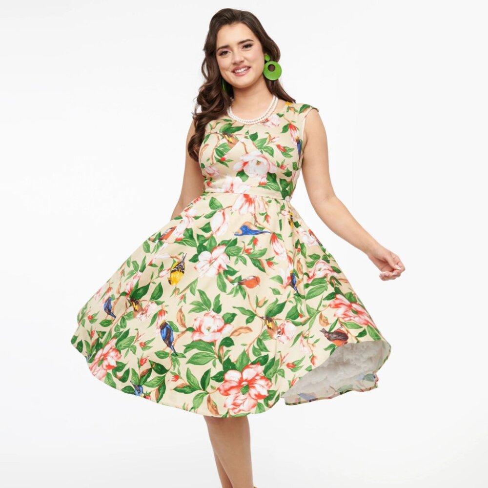 1950s Beige & Swallow Print Cotton Swing Dress